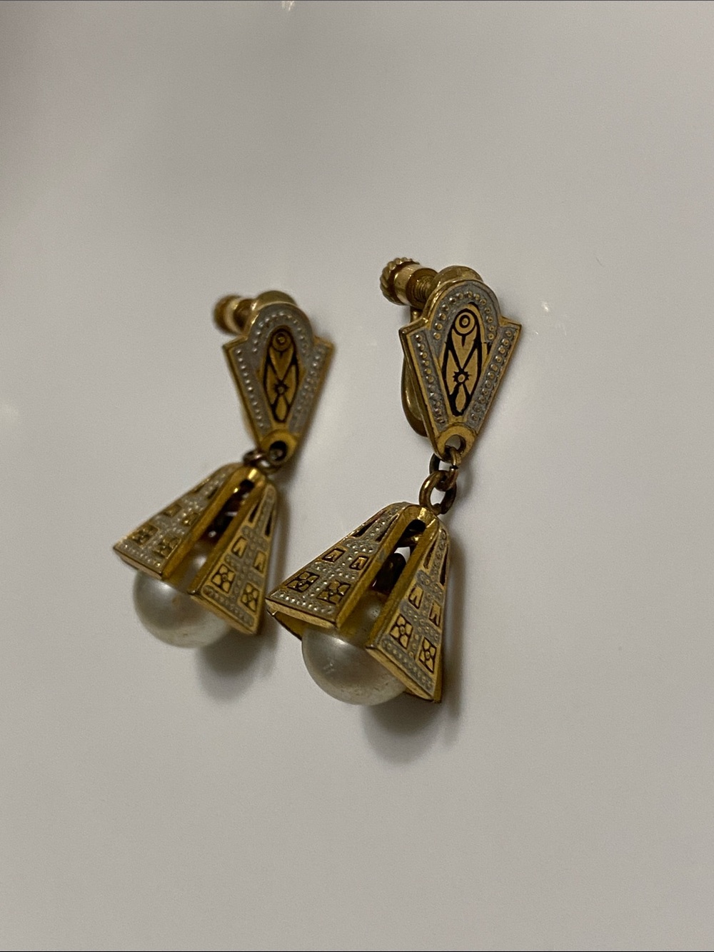 Damascene Drop Earrings with Pearl Dangle